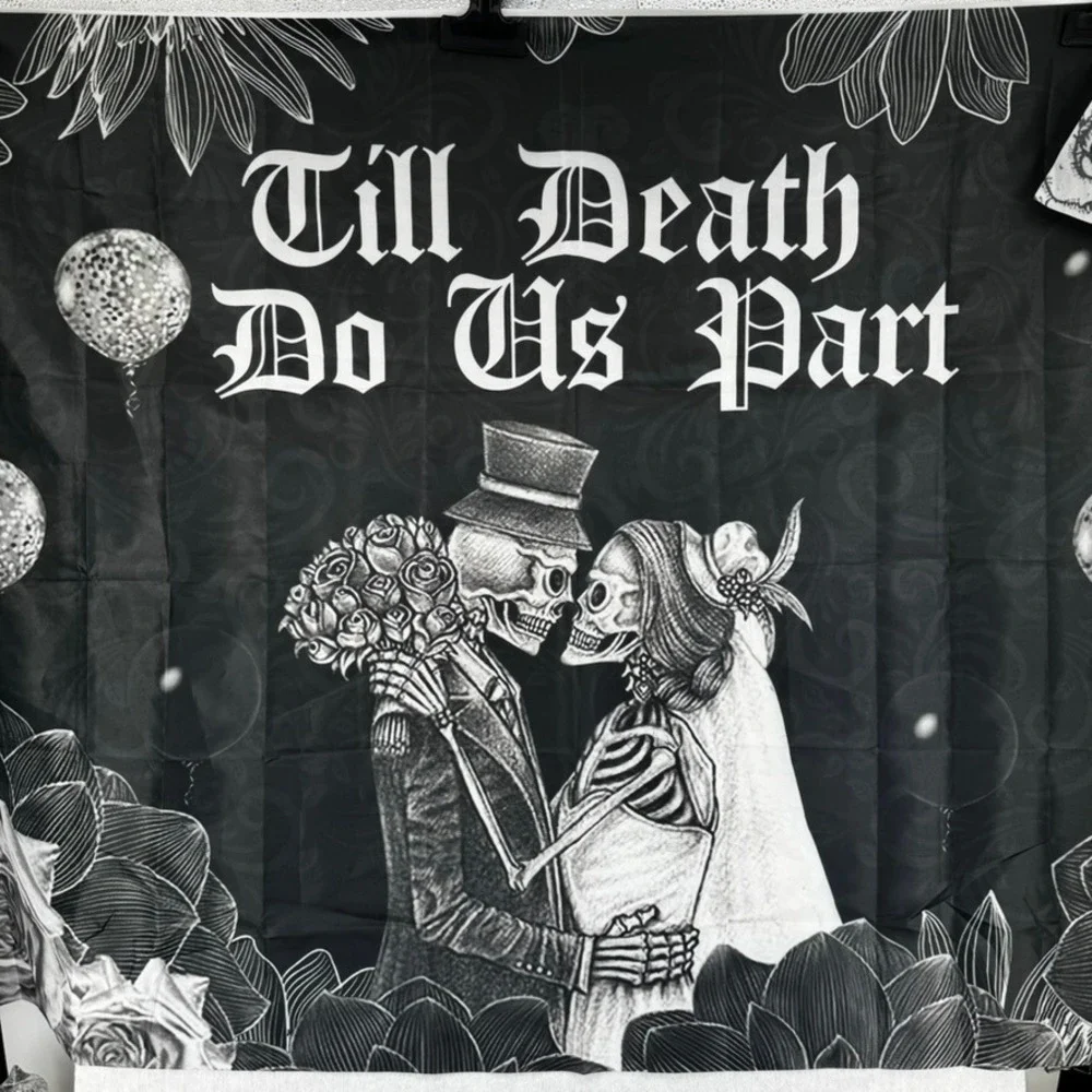 Till Death Do Us Part Skeleton Wedding Tapestry Black White Goth Wall Hanging